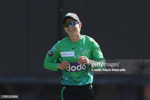 Meg Lanning of the Stars celebrates taking a catch to dismiss Chamari Athapaththu of the Thunder during the WBBL match between Sydney Thunder and...
