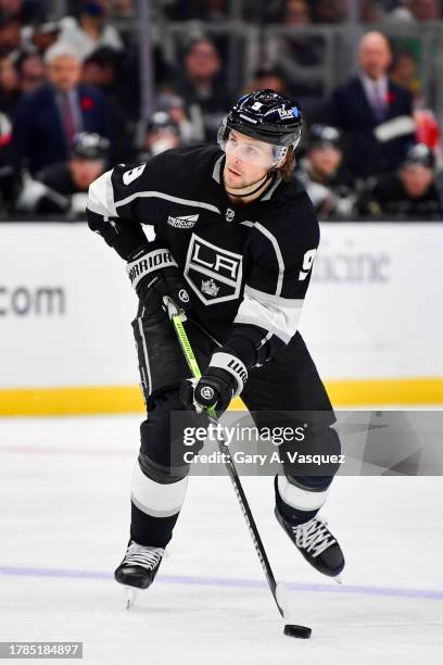 Adrian Kempe of the Los Angeles Kings skates with the puck during the third period against the Pittsburgh Penguins at Crypto.com Arena on November 9,...