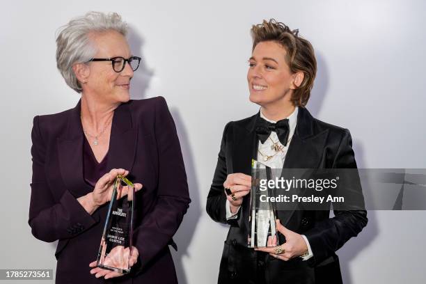 Jamie Lee Curtis and Brandi Carlile attend The Out100 Party 2023 at NeueHouse Hollywood on November 09, 2023 in Hollywood, California.