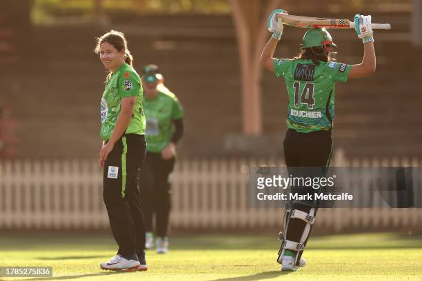Hannah Darlington of the Thunder celebrates taking the wicket of Maia Bouchier of the Stars during the WBBL match between Sydney Thunder and...