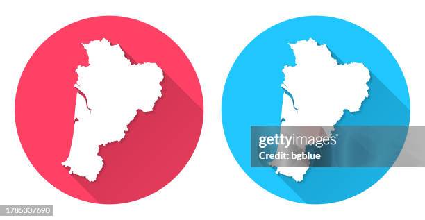 nouvelle-aquitaine map. round icon with long shadow on red or blue background - bordeaux stock illustrations