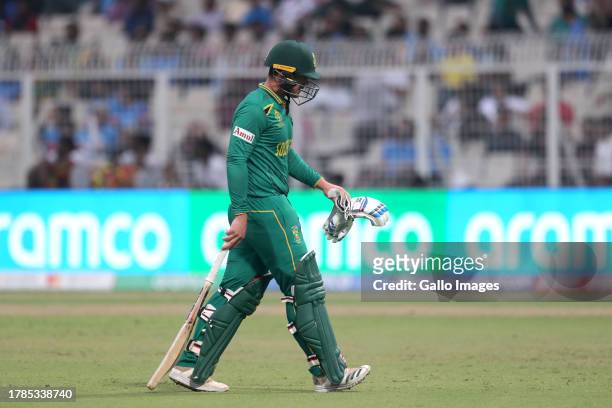 Quinton de Kock of South Africa makes his way off after being dismissed during the ICC Men's Cricket World Cup 2023 semi final match between South...