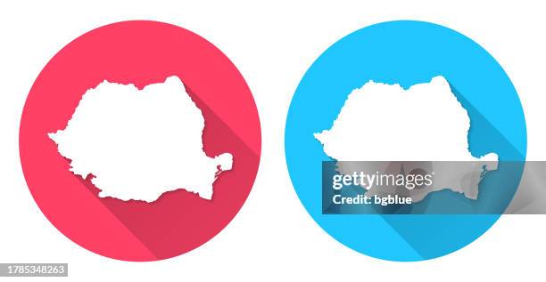 romania map. round icon with long shadow on red or blue background - romania map stock illustrations