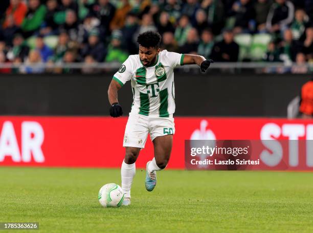 Jose Marcos Marquinhos of Ferencvarosi TC runs with the ball during the UEFA Europa Conference League Group Stage match between Ferencvarosi TC and...