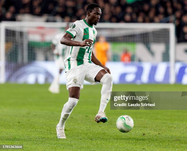 Adama Traore of Ferencvarosi TC controls the ball during the UEFA Europa Conference League Group Stage match between Ferencvarosi TC and KRC Genk at...