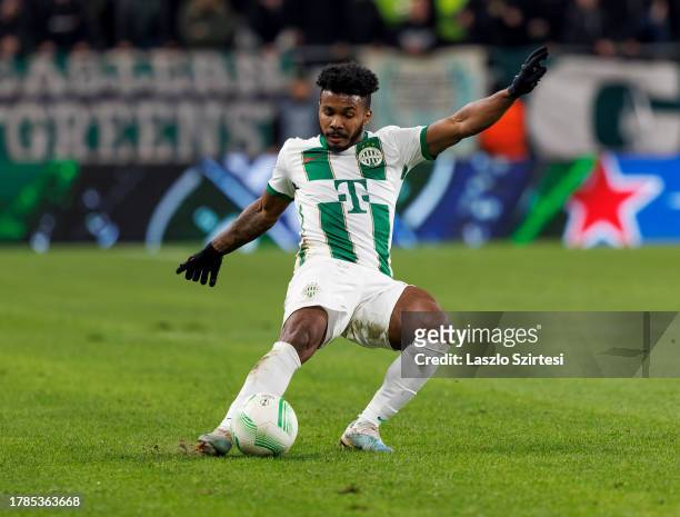 Jose Marcos Marquinhos of Ferencvarosi TC shoots on goal during the UEFA Europa Conference League Group Stage match between Ferencvarosi TC and KRC...