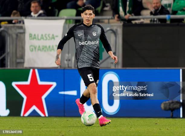 Gerardo Arteaga of KRC Genk controls the ball during the UEFA Europa Conference League Group Stage match between Ferencvarosi TC and KRC Genk at...