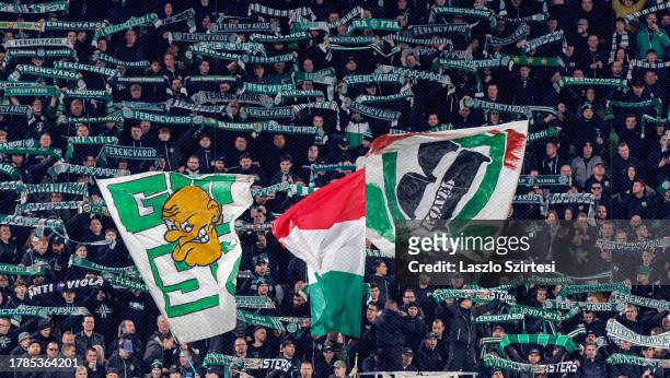 Ultra fans of Ferencvarosi TC show their support during the UEFA Europa Conference League Group Stage match between Ferencvarosi TC and KRC Genk at...