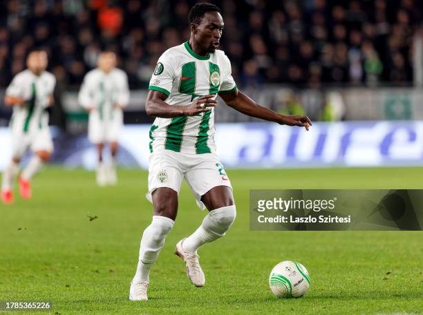 Adama Traore of Ferencvarosi TC controls the ball during the UEFA Europa Conference League Group Stage match between Ferencvarosi TC and KRC Genk at...