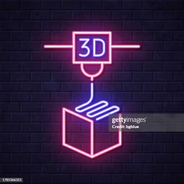 3d printer. glowing neon icon on brick wall background - 3d printer stock illustrations