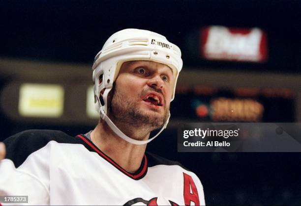 Defenseman Ken Daneyko of the New Jersey Devils looks on during a game against the Vancouver Canucks at the Continental Airlines Arena in East...