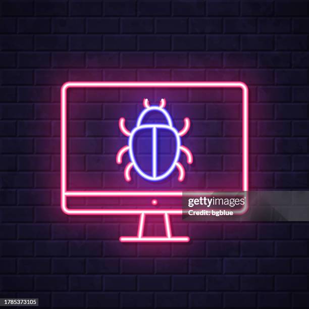 desktop computer with bug. glowing neon icon on brick wall background - technical difficulties tv stock illustrations