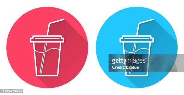 cup with straw. round icon with long shadow on red or blue background - coffee take away cup simple stock illustrations