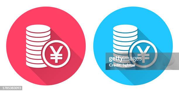 yen coins stack. round icon with long shadow on red or blue background - token stock illustrations