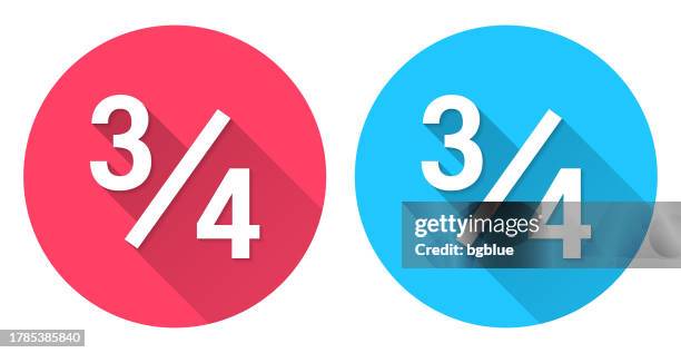 3 out of 4 - three quarters. round icon with long shadow on red or blue background - quarter stock illustrations