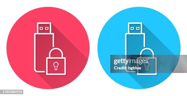 usb flash drive with padlock. round icon with long shadow on red or blue background - steering lock stock illustrations
