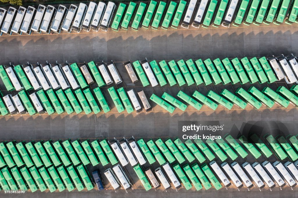 Aerial view of new energy bus parking lot at automobile factory