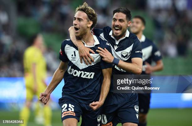Ryan Teague of Melbourne Victory celebrates scoring a goal during the A-League Men round four match between Melbourne Victory and Wellington Phoenix...