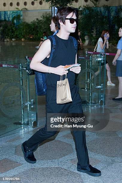 Jihyuk of South Korean boy band Choshinsung is seen on departure at Gimpo International Airport on August 30, 2013 in Seoul, South Korea.
