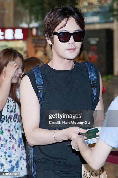 Jihyuk of South Korean boy band Choshinsung is seen on departure at Gimpo International Airport on August 30, 2013 in Seoul, South Korea.
