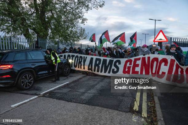 Worker tries and fails to drive through the blockade as range of activists and trade unionists join a blockade of BAE Systems in Rochester called by...