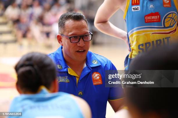 Bendigo Spirit Head Coach Kennedy Kereama gives instructions during the WNBL match between Bendigo Spirit and Sydney Flames at Mildura Sporting...