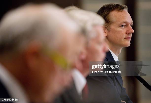 Founder of the Wikileaks website Julian Assange waits to speak to the media on October 23, 2010 during a press conference at the Park Plaza hotel in...