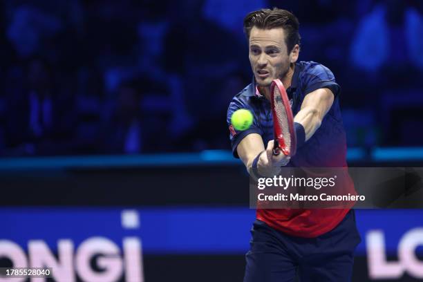 Wesley Koolhof of Holland in action during the Round Robin double match between Wesley Koolhof of Holland and Neal Skupski of Great Britain against...