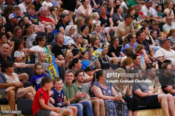 The crowd look on during the WNBL match between Bendigo Spirit and Sydney Flames at Mildura Sporting Precinct on November 10, 2023 in Mildura,...