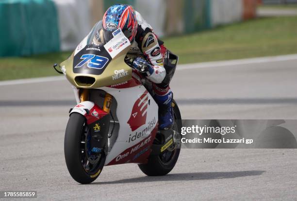 Ai Ogura of Japan and Idemitsu Honda Team Asia heads down a straight during the MotoGP of Malaysia - Free Practice at Sepang Circuit on November 10,...