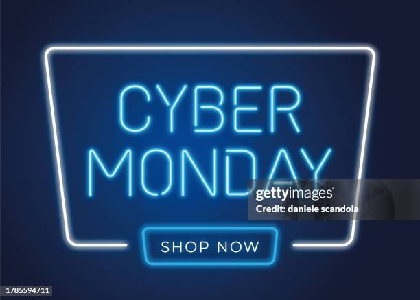 cyber monday banner in fashionable neon style. - cyber monday stock illustrations