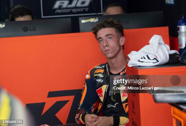 Pedro Acosta of Spain and Red Bull KTM Ajo looks on in box during the MotoGP of Malaysia - Free Practice at Sepang Circuit on November 10, 2023 in...