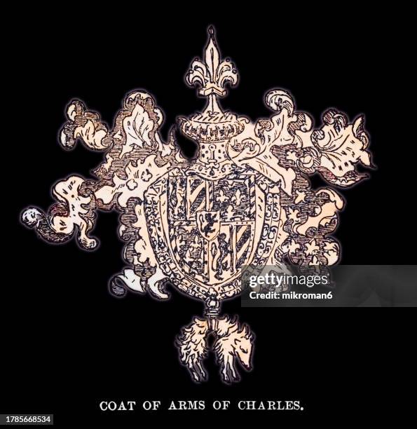 old engraved illustration of coat of arms of charles the bold - crest logo stock pictures, royalty-free photos & images