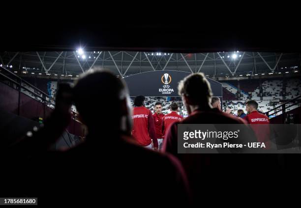 Olympiacos walk out from the players tunnel during the UEFA Europa League Group A match between West Ham United FC and Olympiacos FC at London...