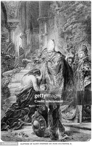 old engraved illustration of the baptism of stephen i of hungary (st. stephen) (975-1038) by pope sylvester ii - stephen stock pictures, royalty-free photos & images