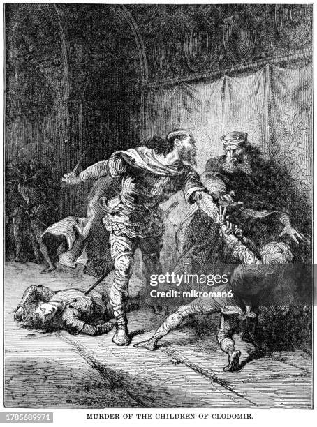 old engraved illustration of chlothar i and the murder of his nephews, the sons of king clodomir, 526 - nephew stock pictures, royalty-free photos & images