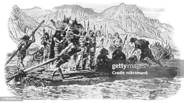 old engraved illustration of viking boat - viking art stock pictures, royalty-free photos & images