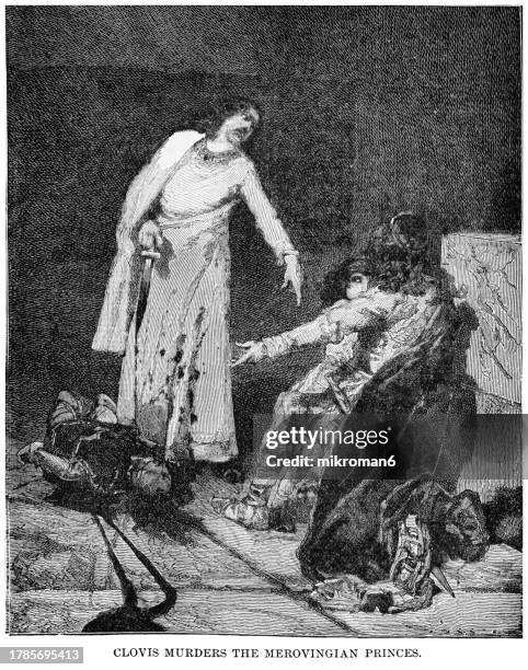 old engraving illustration of clovis murders the merovingian princes - crime punishment stock pictures, royalty-free photos & images