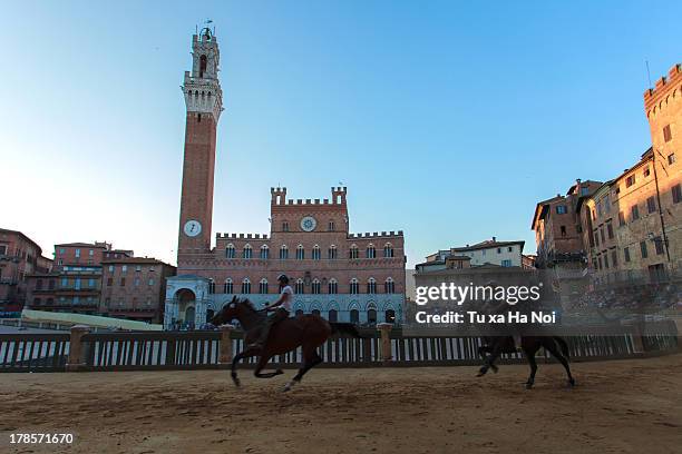 a trial run of the famous palio di siena - palio di siena stock pictures, royalty-free photos & images