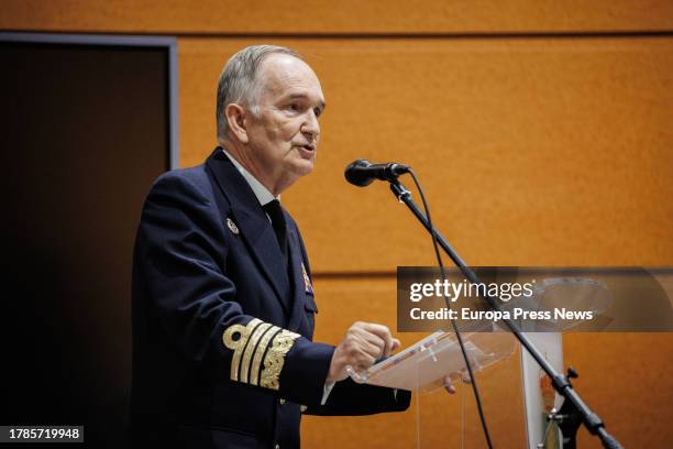 Retired military admiral Juan Francisco Martinez Nuñez speaks during the presentation of the Extraordinary Defense Award 'General Gutierrez Mellado'...