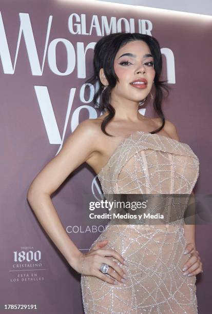 Kenia Os poses for a photo during a Red Carpet of 2023 Women of the Year, of Glamour Magazine at Hotel St. Regis on November 9, 2023 in Mexico City,...
