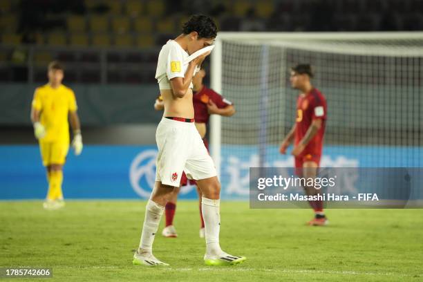 Alessandro Biello of Canada reacts after being shown a red card by Referee Roberto Bruno Perez Gutierrez during the FIFA U-17 World Cup Group B match...