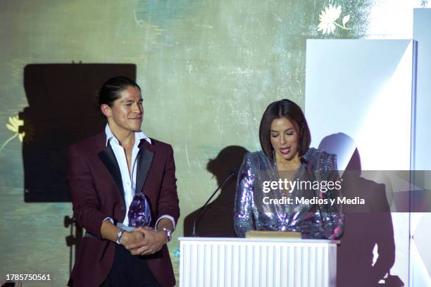 Cristo Hernández and Eva Longoria speak during the ceremony 2023 Women of the Year, of Glamour Magazine at Hotel St. Regis on November 9, 2023 in...