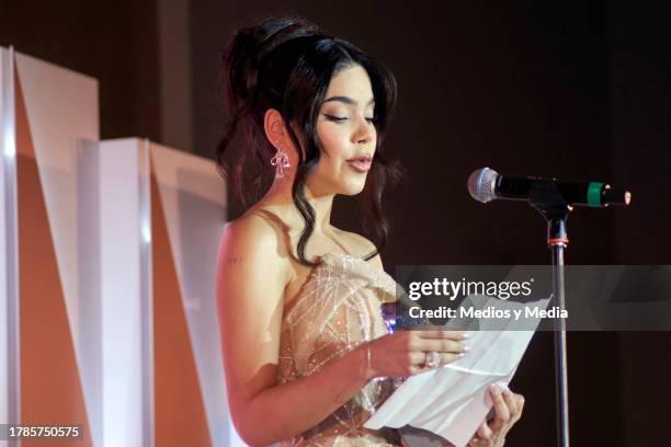 Kenia Os speaks during the ceremony 2023 Women of the Year, of Glamour Magazine at Hotel St. Regis on November 9, 2023 in Mexico City, Mexico.