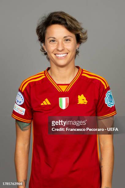 Valentina Giacinti of AS Roma poses for a portrait during the UEFA Women's Champions League Official Portraits shoot on November 08, 2023 in Rome,...