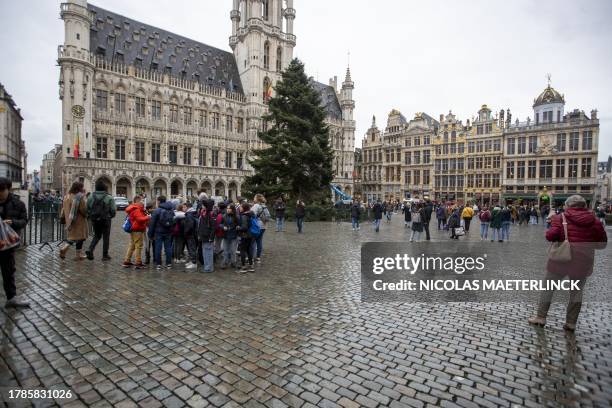 Illustration picture shows the Christmas tree on the Brussels Grand-Place - Grote Markt square in the Brussels historic city center, Thursday 16...