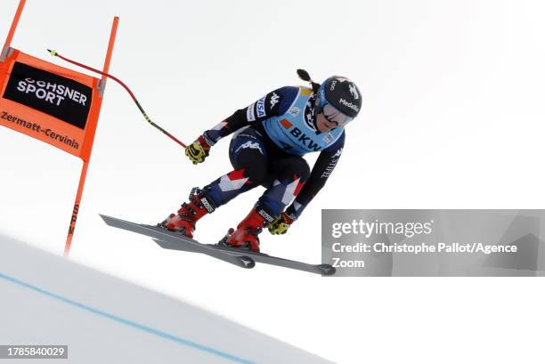 Breezy Johnson of Team United States in action during the Audi FIS Alpine Ski World Cup Women's Downhill Training on November 16, 2023 in Zermatt,...