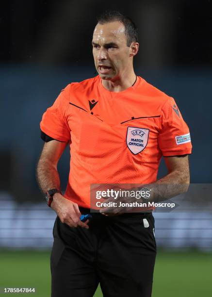 The Referee Jerome Brisard of France reacts during the UEFA Europa League match between Atalanta BC and SK Sturm Graz at Stadio di Bergamo on...