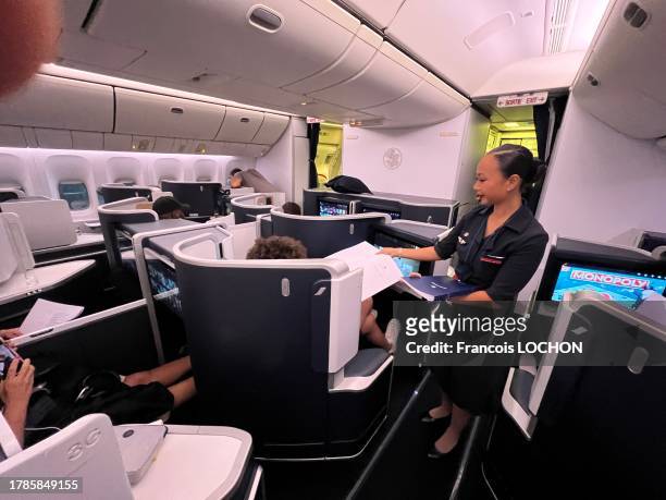 Hôtesse de l'air, passagers dans des Eco cabines en première classe et logo symbole de l'hippocampe d'Air France dans un avion de ligne Boeing...