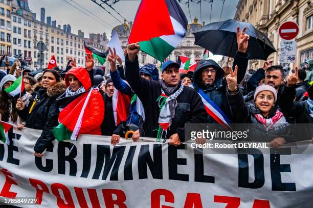 Des manifestants portant keffiehs, écharpe tricolore et drapeaux palestiniens font le V de la victoire lors de la manifestation de soutien au peuple...